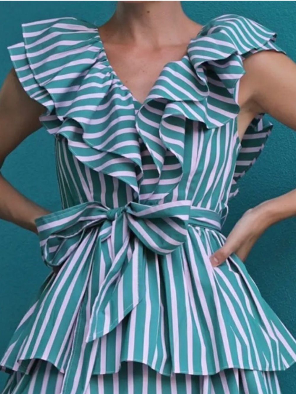 Halogen x Atlantic Pacific Striped Ruffle Belted Top